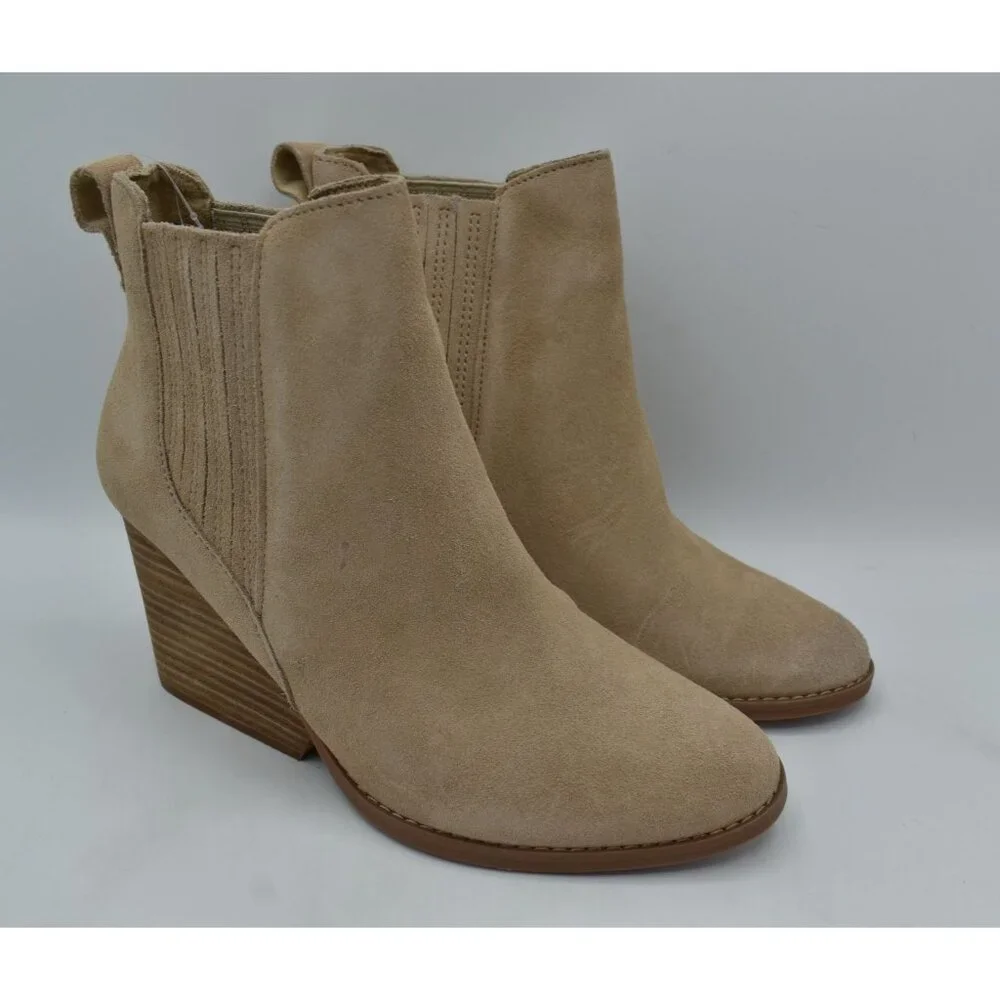 TOMS Womens 7 Noa Natural Suede Stacked Wedge Heel Western Booties Boots‎ Shoes